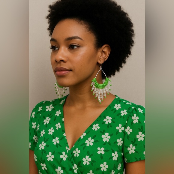 Vibrant Green and Silver Beaded Drop Earrings - Picture 1 of 3